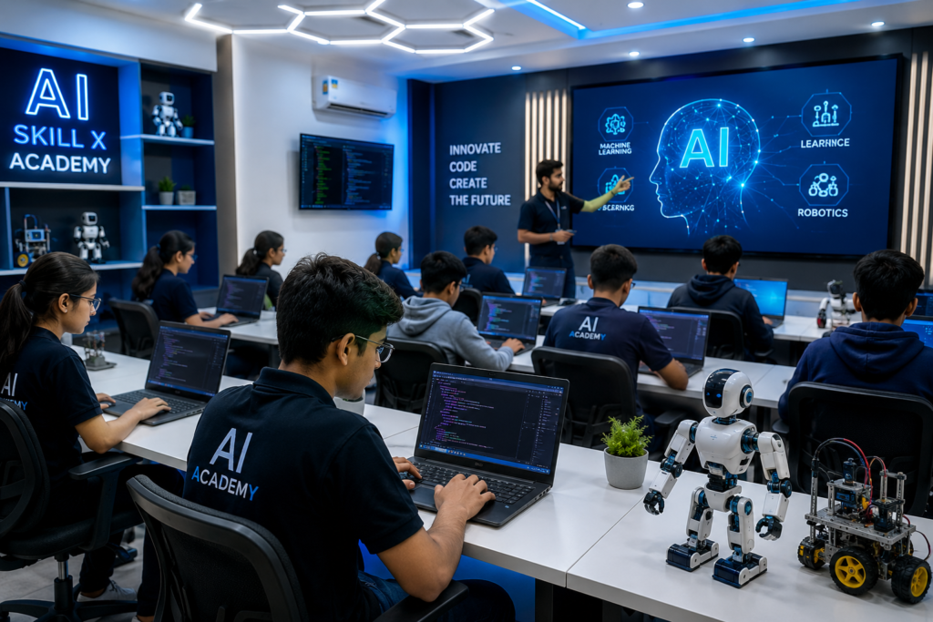 Modern AI Lab classroom with students learning Artificial Intelligence, Coding, Robotics and Full Stack Development at AI Skill X Academy.